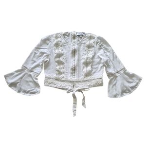 Bell Sleeve Boho Blouse Top Womens Large White Crochet Inserts Tie Front Cropped